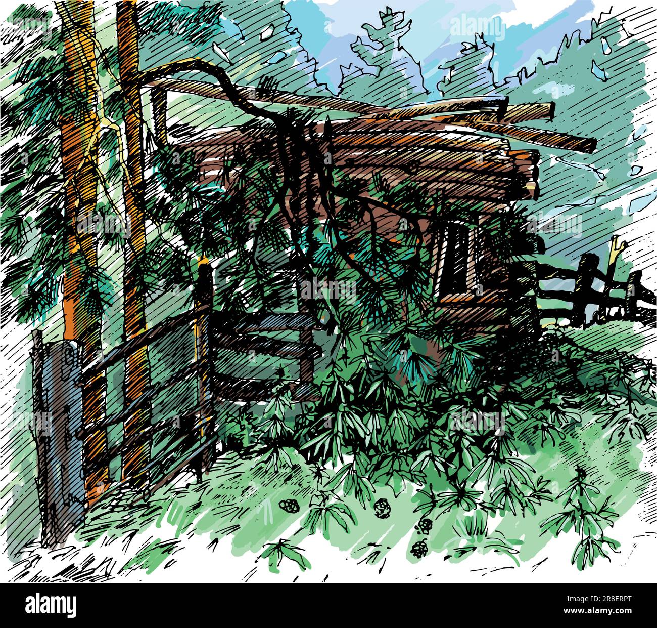 Paesaggio rurale in stile grafico, disegnato a mano e convertito in Illustrazione vettoriale. Illustrazione Vettoriale