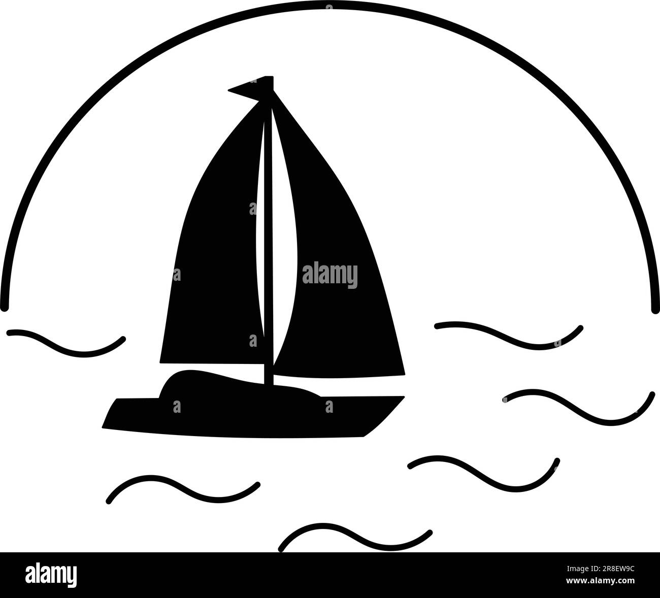 Logo della barca a vela, design del logo della barca a vela, icone vettoriali. Tramonto sul mare. Illustrazione Vettoriale