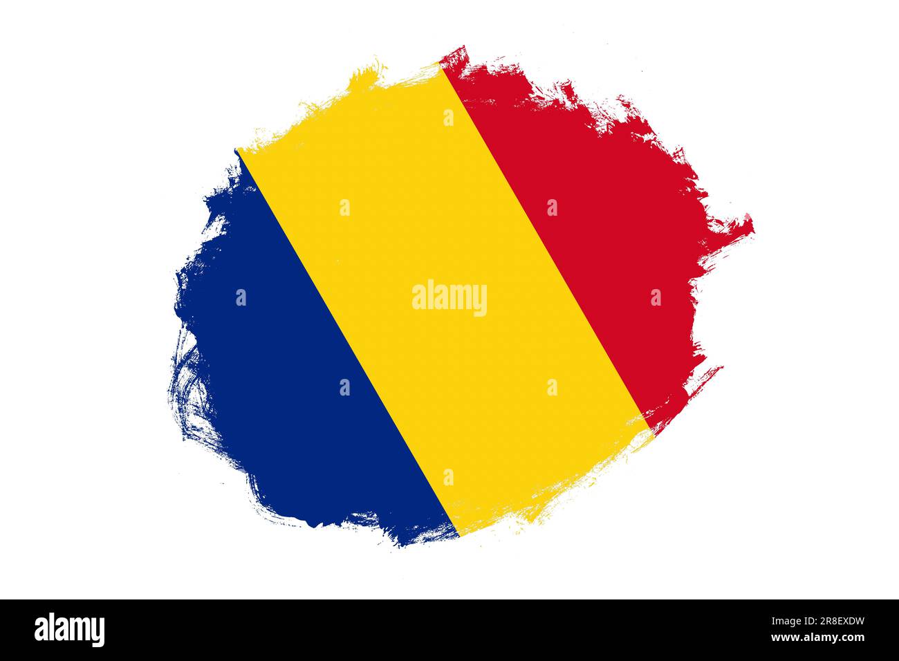 Pennello tondeggiante con macchie, bandiera nazionale rumena su sfondo bianco Foto Stock