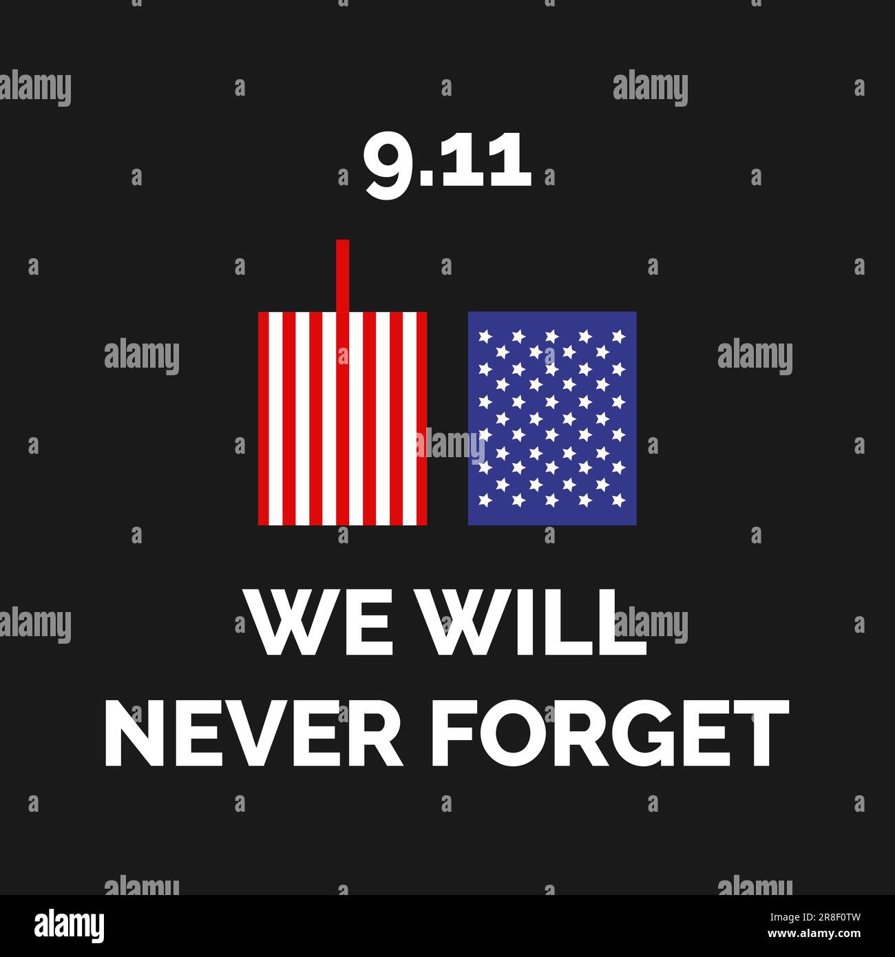 Patriot Day negli Stati Uniti. Settembre 11, 2001. Non dimenticheremo mai. Modello per sfondo, banner, biglietto, poster con iscrizione di testo. Illustrazione Vettoriale