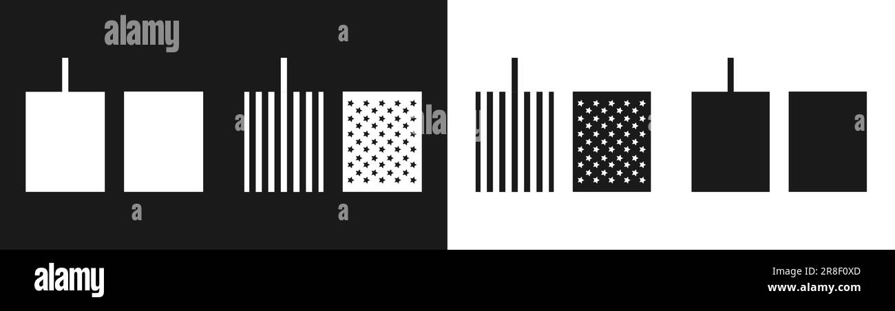 Sagome di un centro commerciale in bianco e nero. Patriot Day negli Stati Uniti. 11 settembre 2001. Non lo dimenticheremo mai. Modello per sfondo, banner, scheda, poster con iscrizione di testo. Illustrazione Vettoriale