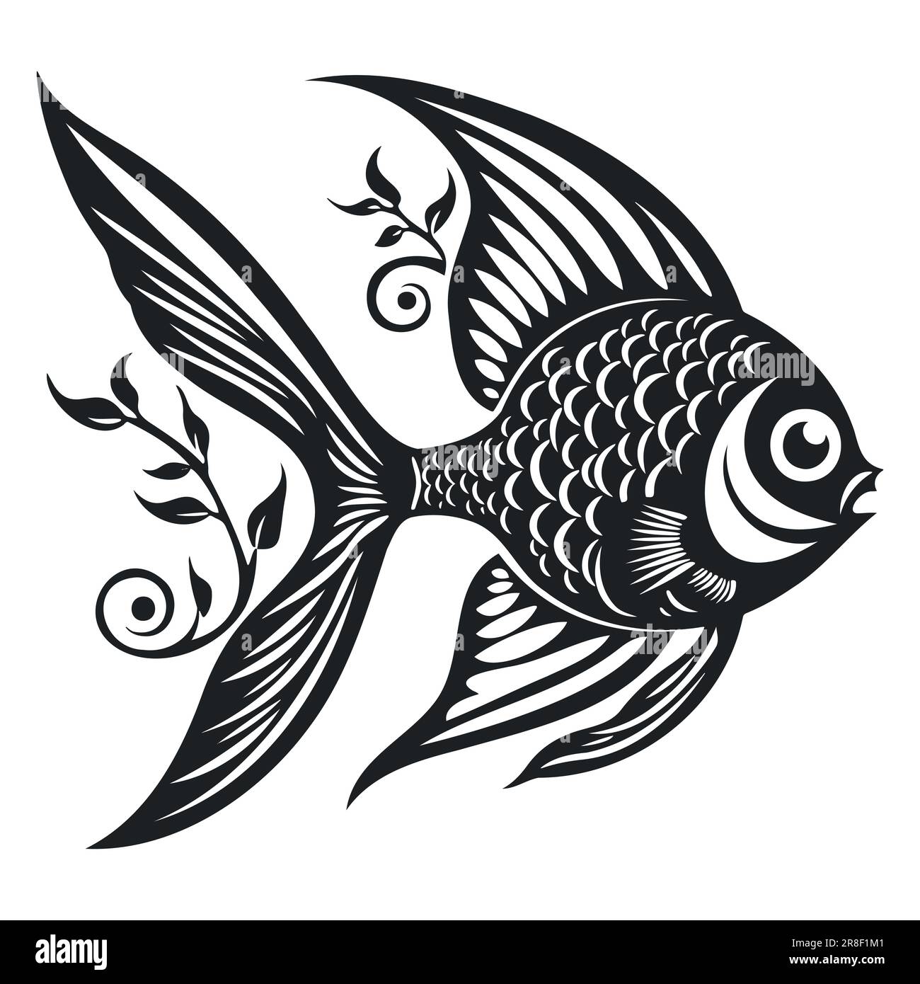 Illustrazione vettoriale della silhouette nera dei pesci. Sfondo bianco isolato. Illustrazione Vettoriale