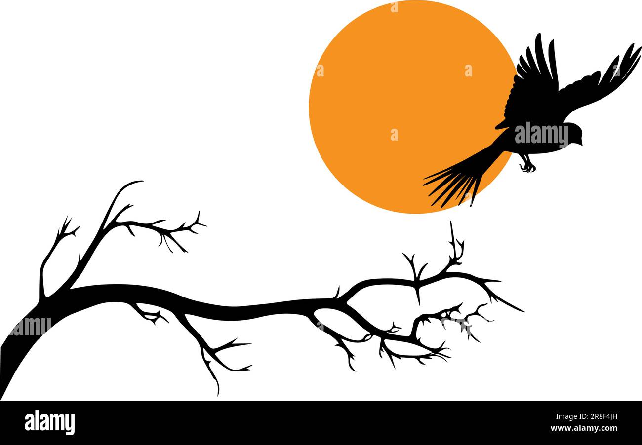 Flying Bird on Branch on Sunset Vector, Decalcomanie da parete, Bird on Tree Design, Bird silhouette. Nature Art Design, decorazioni murali isolate su sfondo bianco Illustrazione Vettoriale