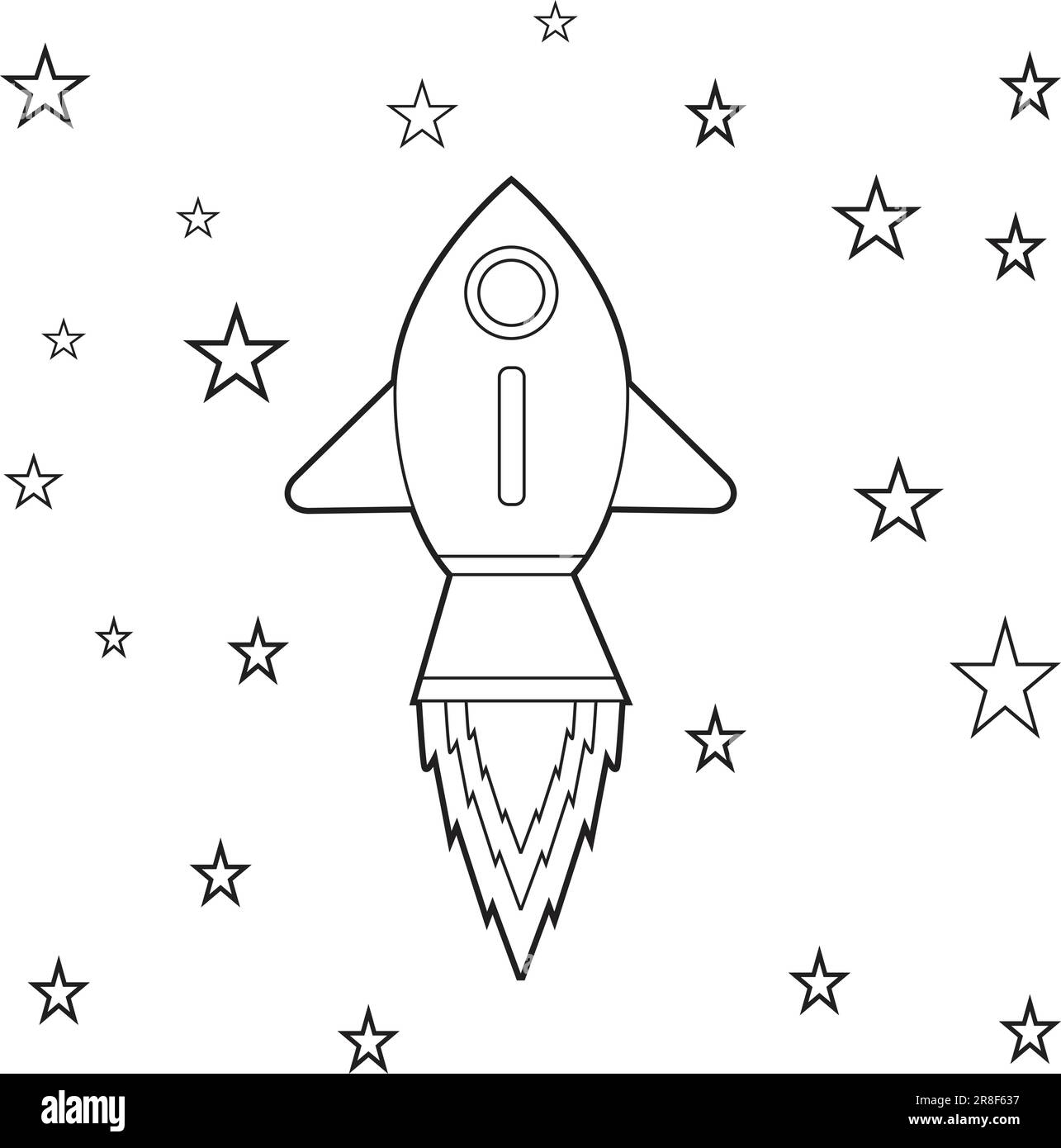 Pagina da colorare di un razzo di cartoni animati che vola nello spazio con le stelle. Illustrazione per la pagina da colorare per bambini Illustrazione Vettoriale