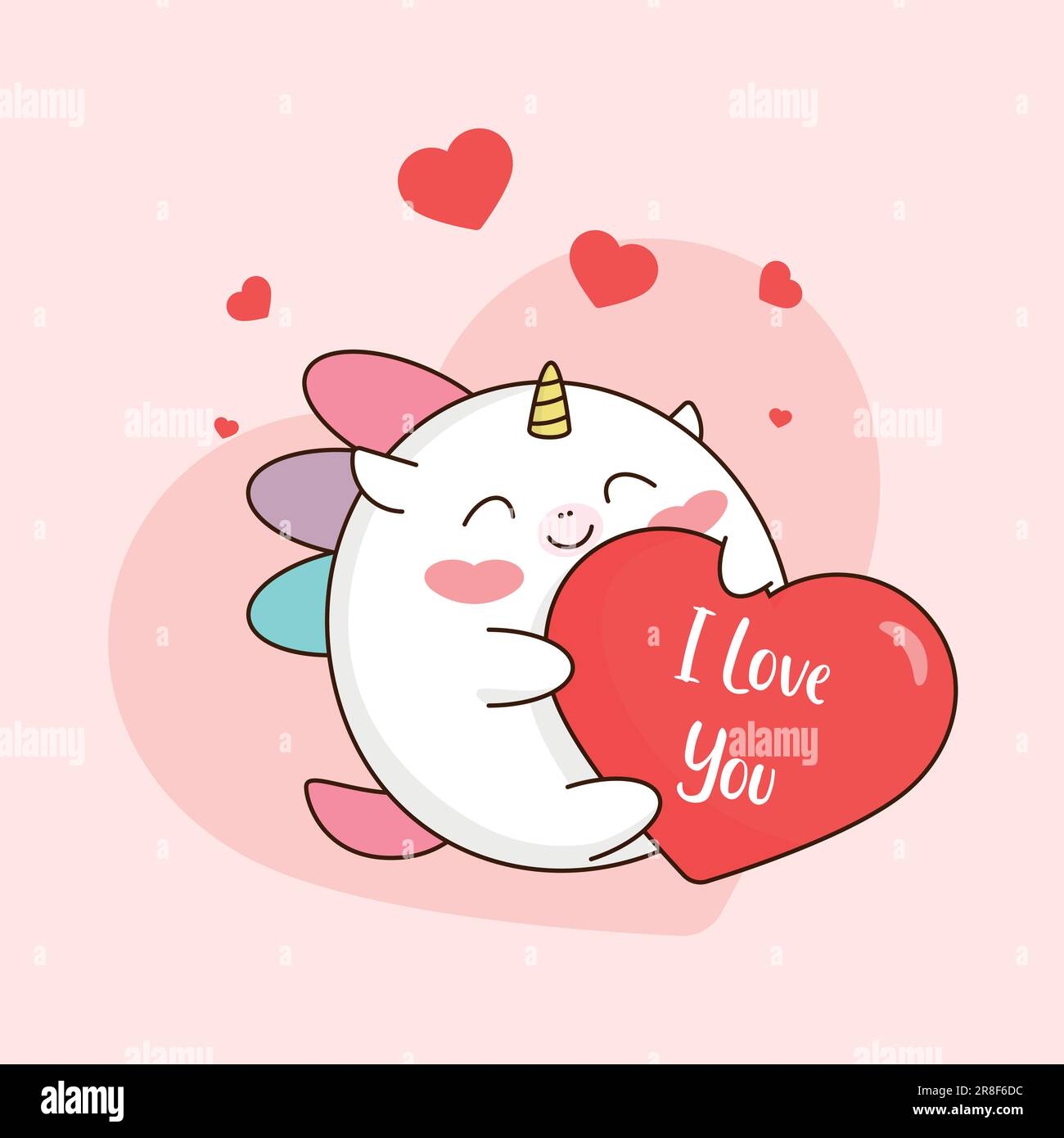 Immagine vettoriale di un unicorno con un cuore 'ti amo' su un tema di San Valentino. Adatto per decorare San Valentino, biglietti d'auguri, stampe, ecc. Illustrazione Vettoriale