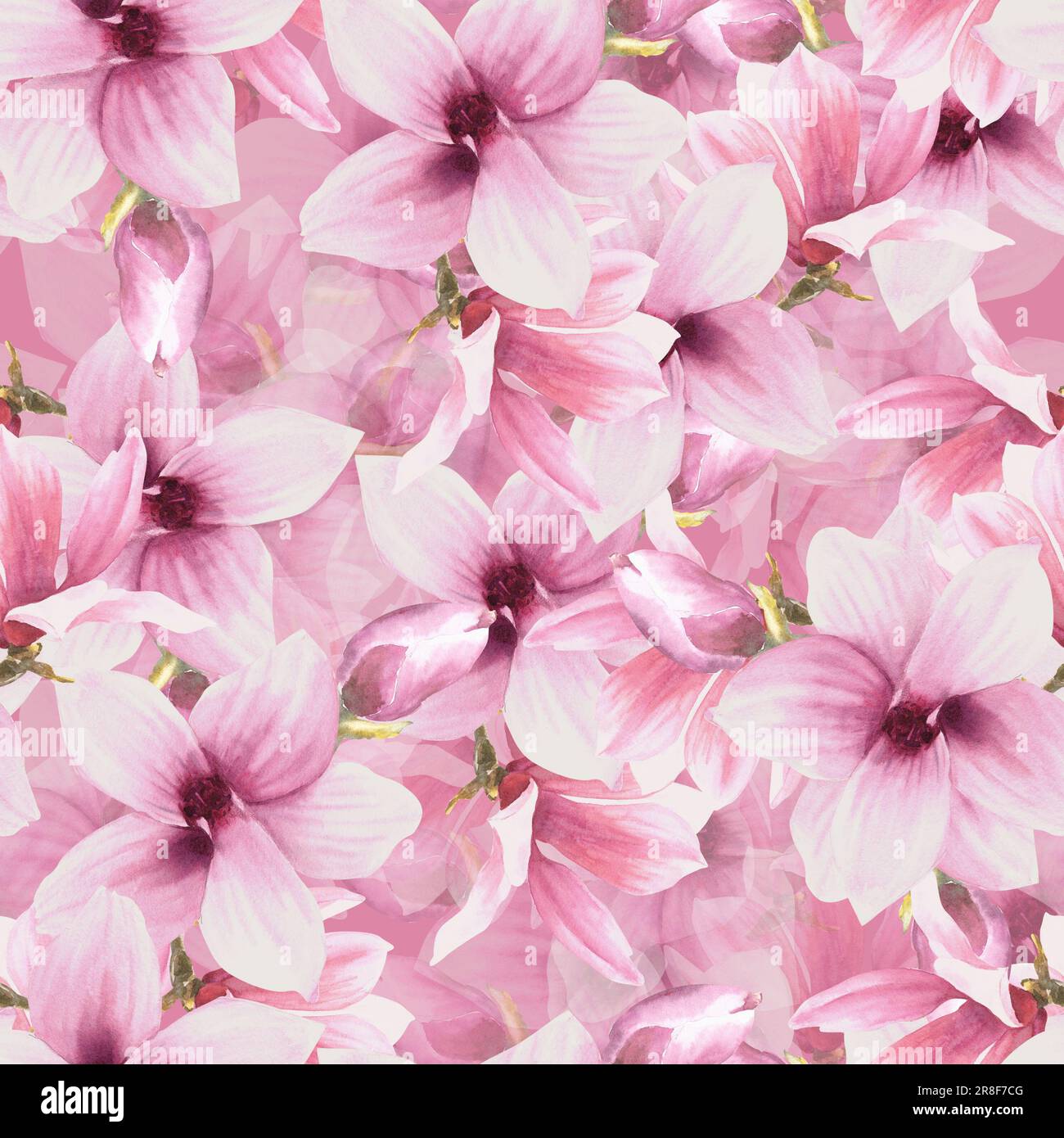 Motivo senza cuciture acquerello fiore. Illustrazione dipinta a mano di Magnolia rosa e viola in fiore. Motivo su sfondo rosa per il tuo design, tessuto Foto Stock