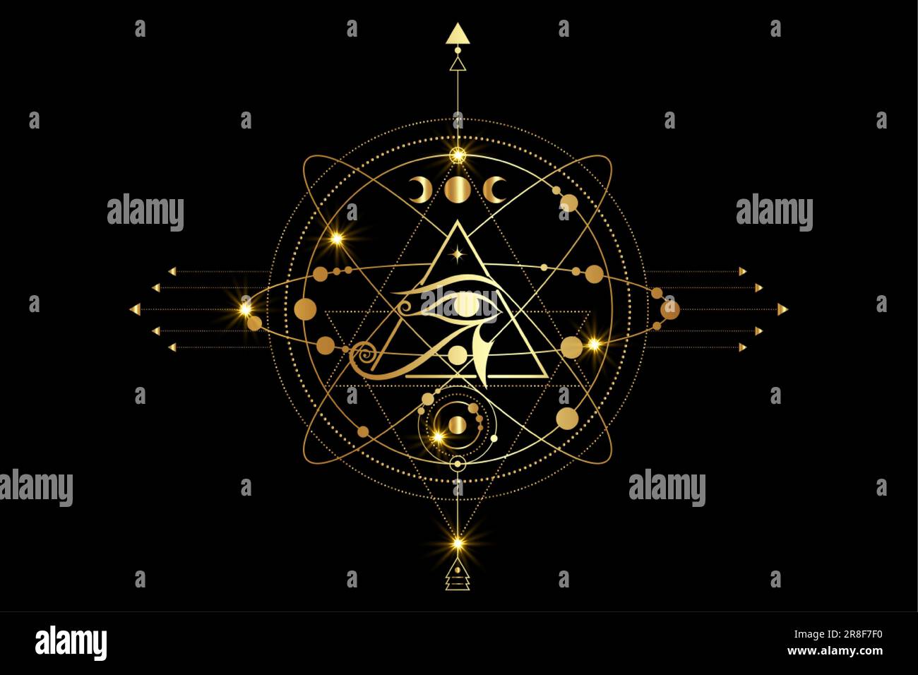 Design con logo Eye of Horus. Oro antico simbolo della piramide egiziana, terzo occhio, simboli cosmici, orbite di pianeti, sistema lunare. Vettore isolato Illustrazione Vettoriale