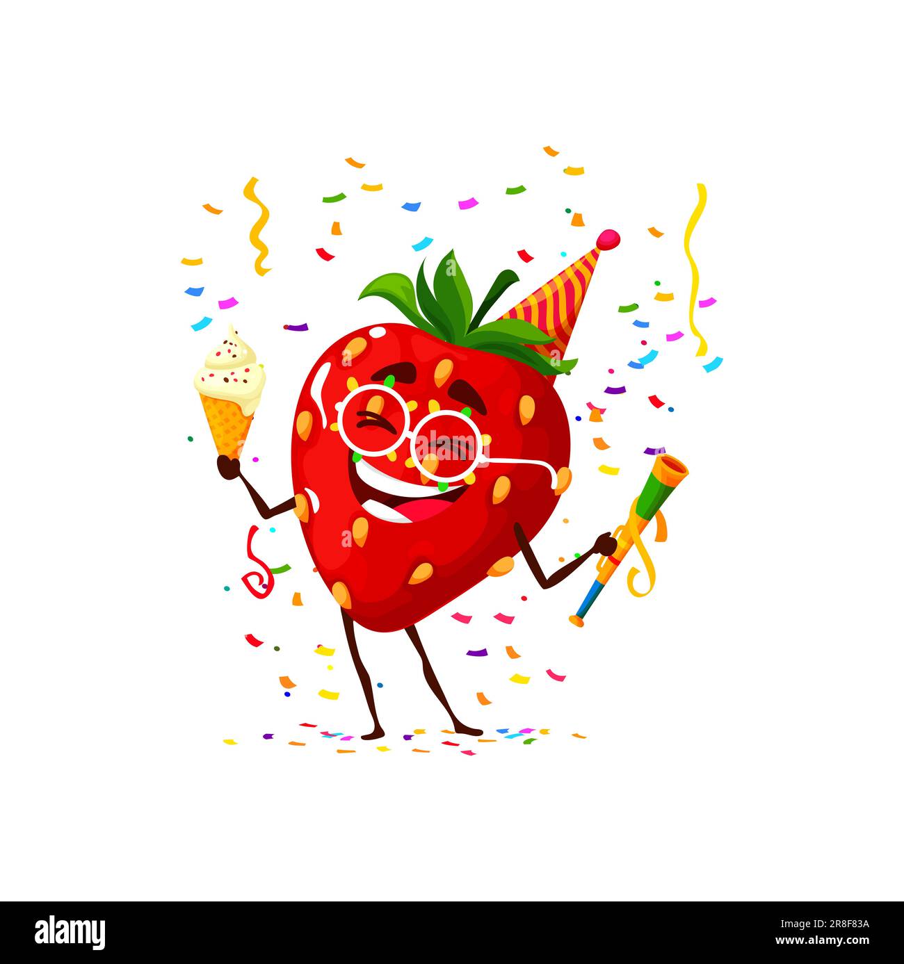 Cartoni animati con fragole, feste di compleanno. Festività per bambini, buon carattere, festa per bambini o compleanno, simpatica mascotte vettoriale di frutti di bosco o comico personaggio alla fragola con gelato Illustrazione Vettoriale