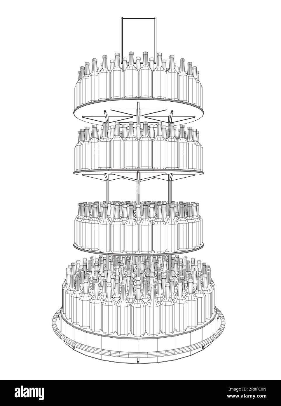 Bottiglie di vino wireframe impilate su scaffali di legno. Illustrazione vettoriale isolata su sfondo bianco. Vettore icona rack flaconi in linea sottile, su sfondo bianco Illustrazione Vettoriale