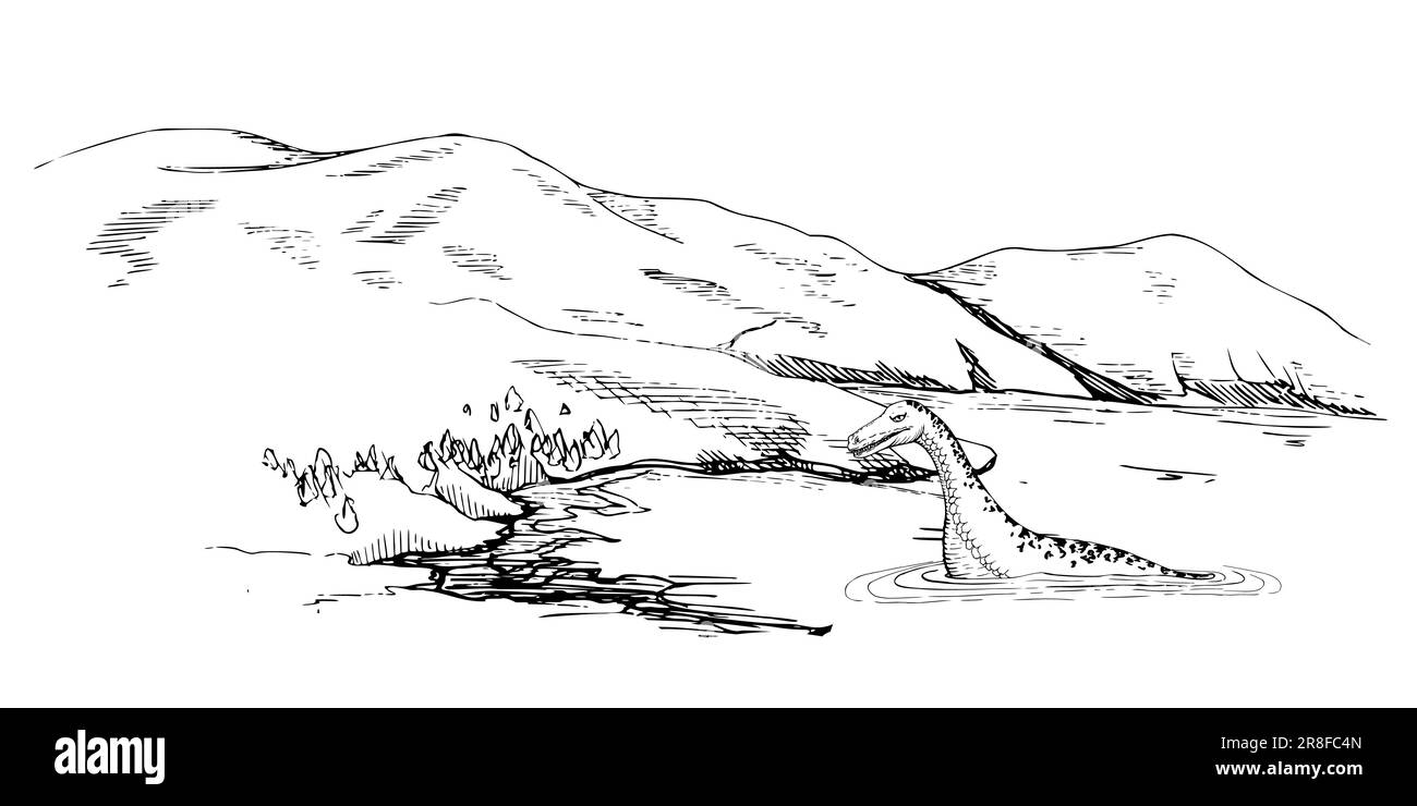 Illustrazione del vettore di schizzo disegnato a mano con inchiostro. Paesaggio paesaggio di campagna altopiani natura. Colline, lago, mostro. Composizione banner orizzontale Illustrazione Vettoriale