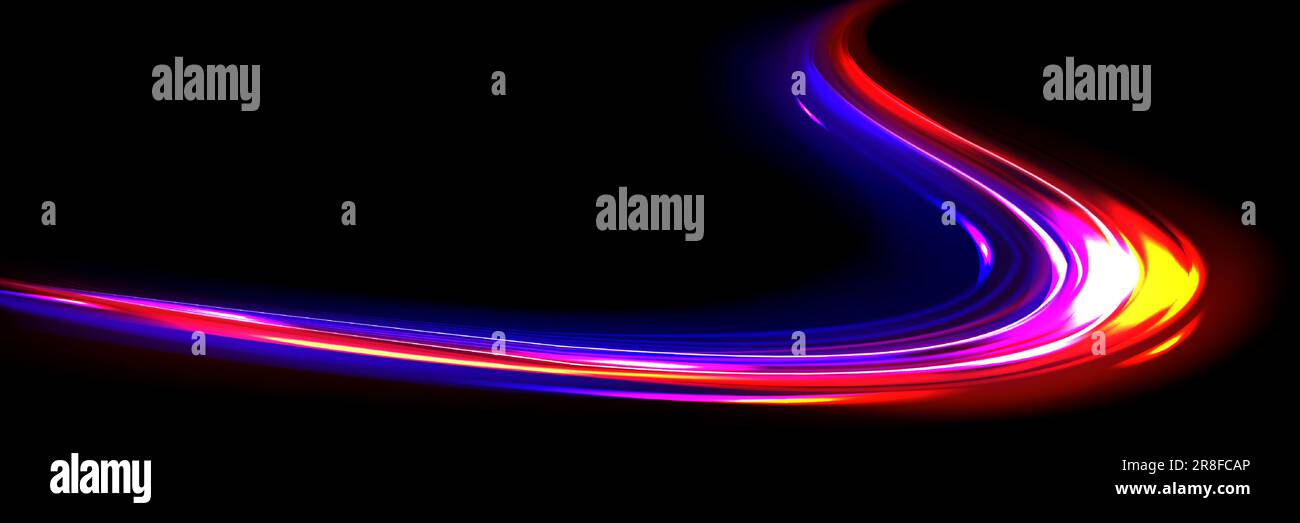 Effetto movimento velocità luce auto. Striature sfocate di movimento veloce, traffico stradale con esposizione prolungata di notte. Linee astratte al neon blu e rosso isolate su sfondo nero, illustrazione realistica vettoriale Illustrazione Vettoriale