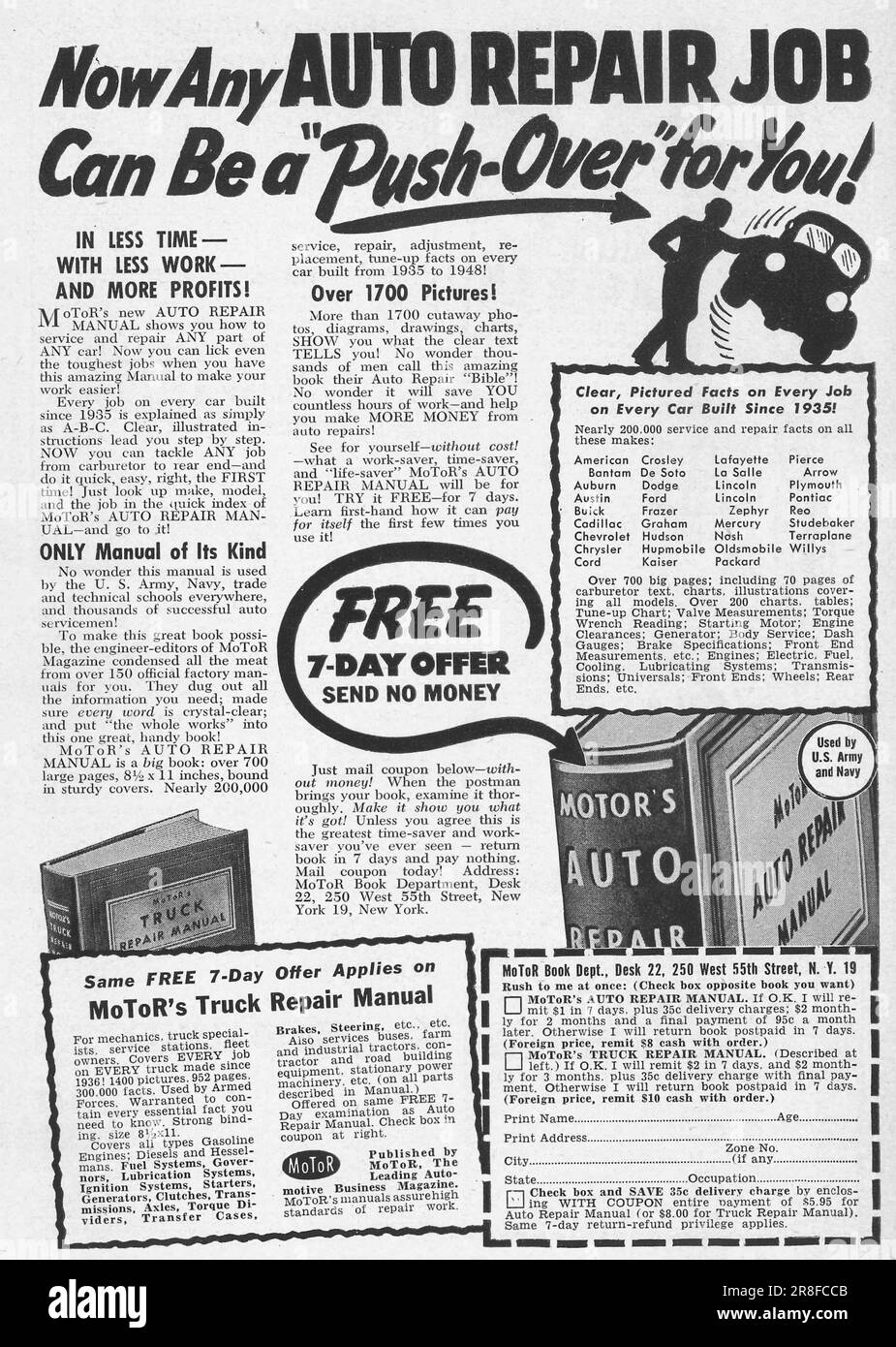 Intervento di riparazione auto - annuncio del manuale di riparazione del veicolo su una rivista 1949 Foto Stock