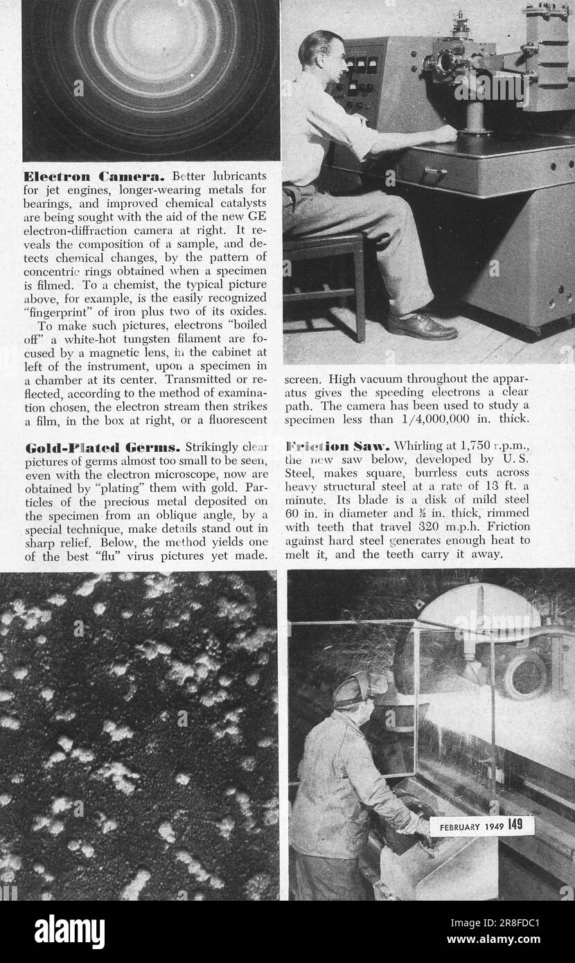 Pagina delle invenzioni sulla rivista Popular Science, USA, febbraio 1949. Telecamera elettronica; germi placcati oro; sega ad attrito Foto Stock