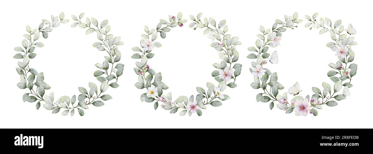 Set di corone acquerello con foglie di fiori e farfalle. Collezione vettore botanico isolato su sfondo bianco adatto per Wedding Invitatio Illustrazione Vettoriale