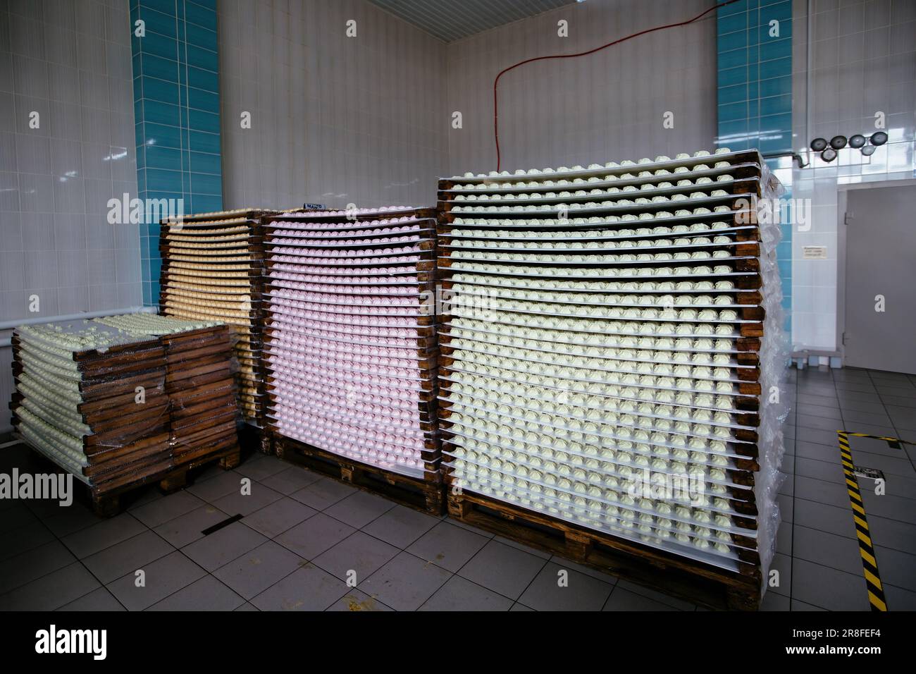 Essiccazione e raffreddamento di zephyr semilavorati su pallet in pasticceria. Foto Stock