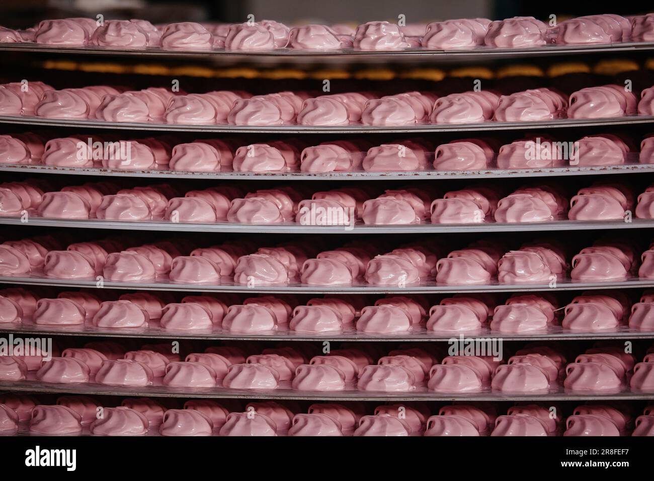 Essiccazione e raffreddamento di zephyr semilavorati su pallet in pasticceria, primo piano. Foto Stock