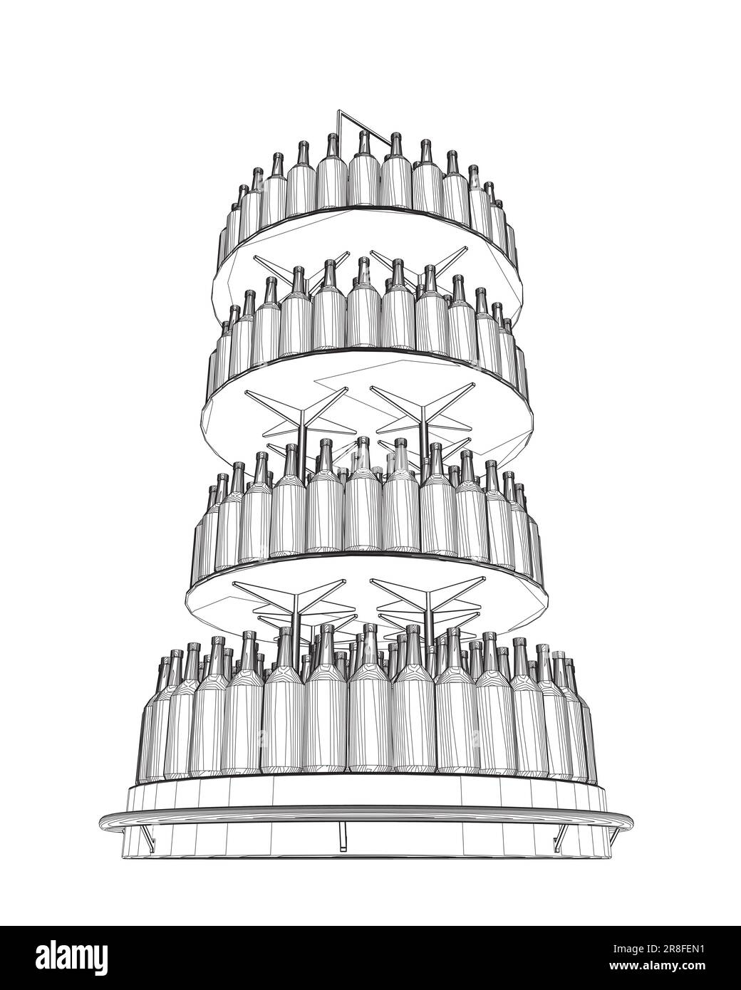 Contorno bottiglie di vino impilate su scaffali di legno. Illustrazione vettoriale isolata su sfondo bianco. Vettore icona rack flaconi in linea sottile, sul dorso bianco Illustrazione Vettoriale