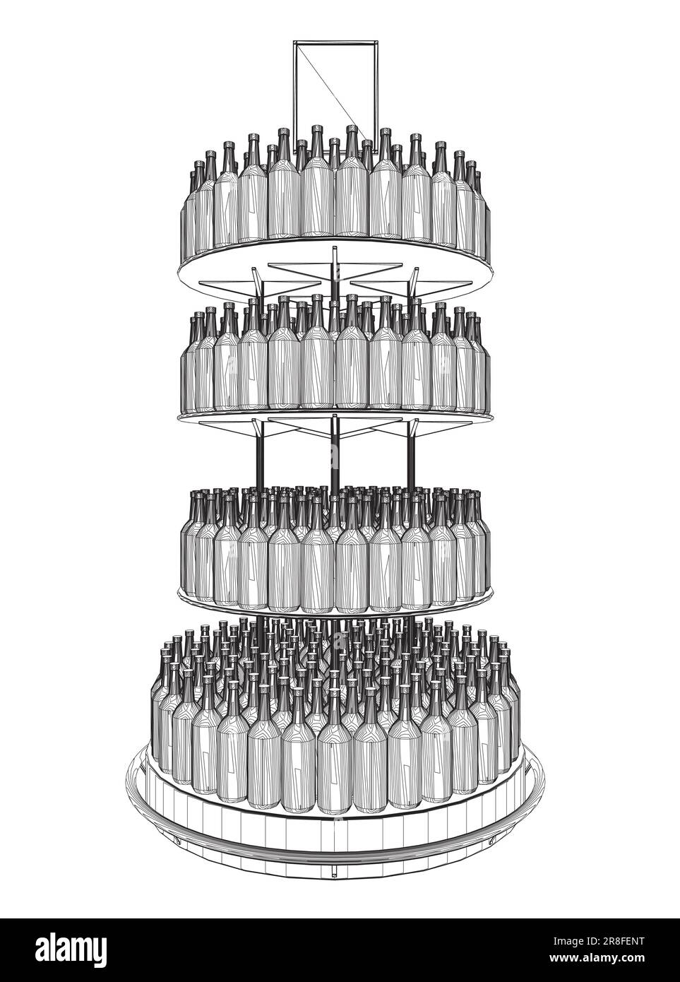 Contorno bottiglie di vino impilate su scaffali di legno. Illustrazione vettoriale isolata su sfondo bianco. Vettore icona rack flaconi in linea sottile, sul dorso bianco Illustrazione Vettoriale