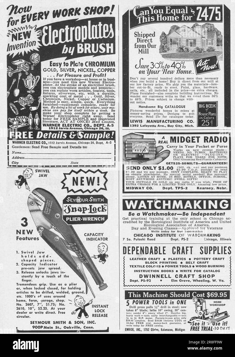 Pagina pubblicitaria sulla rivista Popular Science, USA, febbraio 1949 - elettrospazzole, orologeria, radio Foto Stock