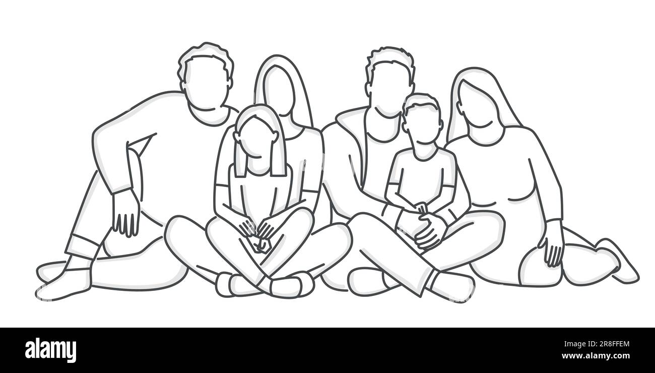 Grande famiglia seduta insieme. Nonna, nonno, mamma, papà, bambini. Illustrazione vettoriale disegnata a mano. Illustrazione Vettoriale