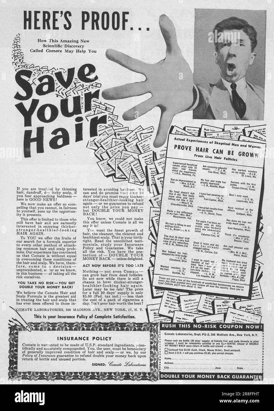 Comate - Salva i capelli - fai crescere i capelli dai follicoli morti - Comate Lab NY annuncio su una rivista 1949 Foto Stock