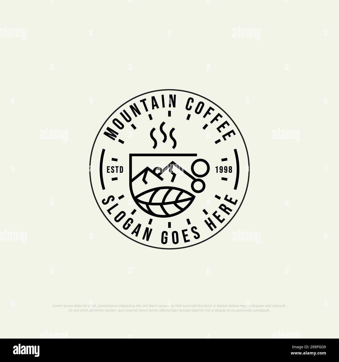 Mountain Coffee Restaurant logo Vector, Outline Coffee shop logo design, cibo e bevande premium vettore illustrazione simbolo Illustrazione Vettoriale