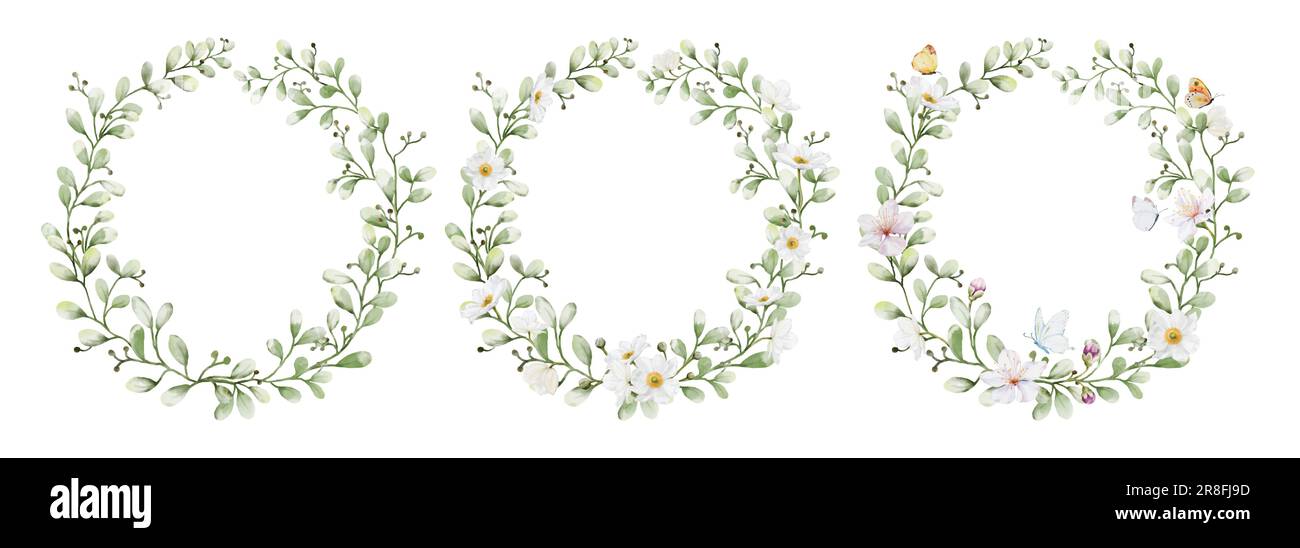 Set di corone acquerello con foglie di fiori e farfalle. Collezione vettore botanico isolato su sfondo bianco adatto per Wedding Invitatio Illustrazione Vettoriale