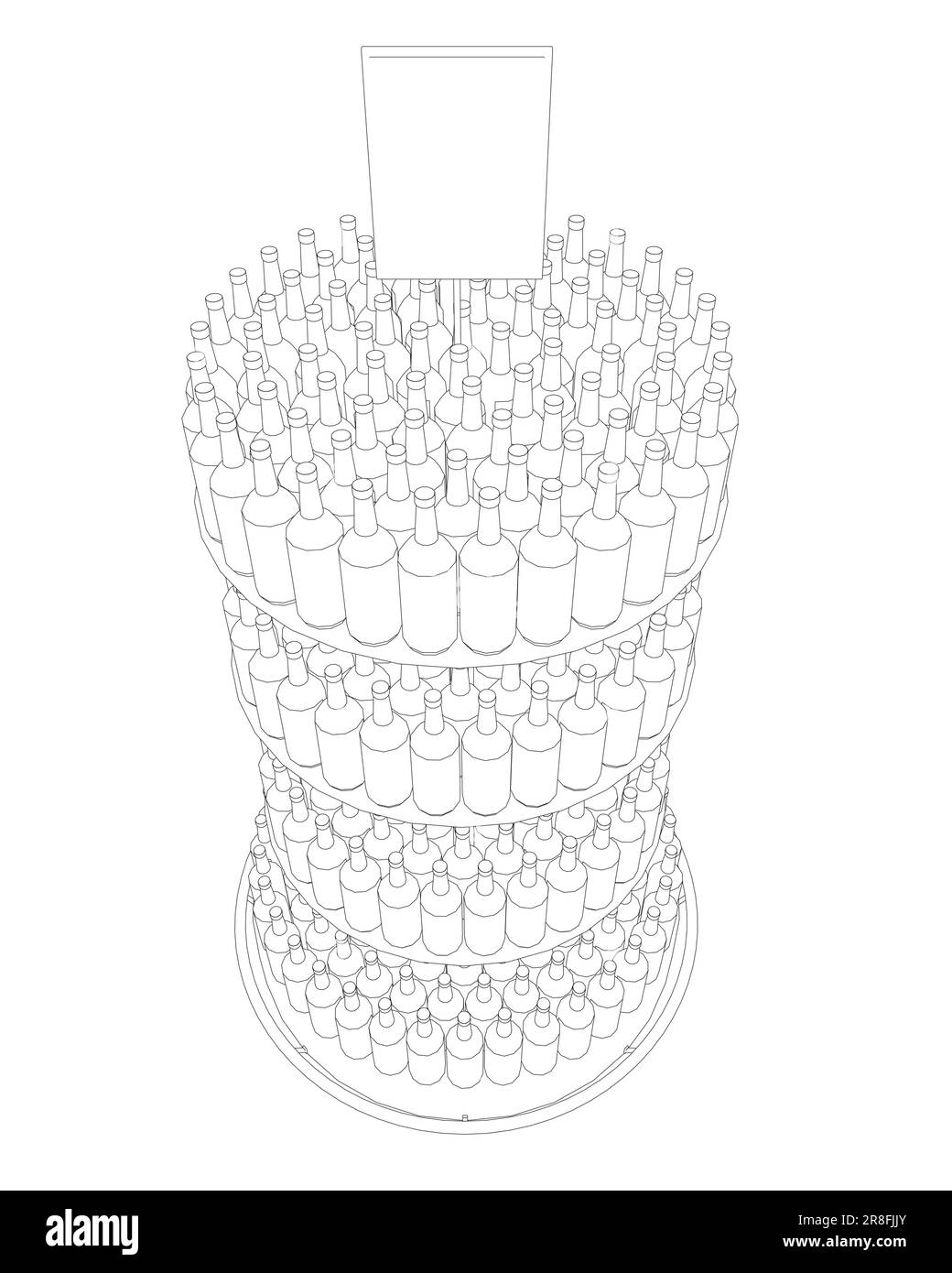 Contorno bottiglie di vino impilate su scaffali di legno. Illustrazione vettoriale isolata su sfondo bianco. Vettore icona rack flaconi in linea sottile, sul dorso bianco Illustrazione Vettoriale