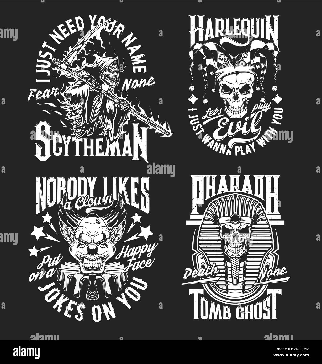 Death reaper, harlequin, faraone e Scary Danger clown stampe vettoriali, per Halloween Holiday horror Night Party abbigliamento. Teschio e scheletro spaventosi con falce, tomba mummia e cappello Illustrazione Vettoriale