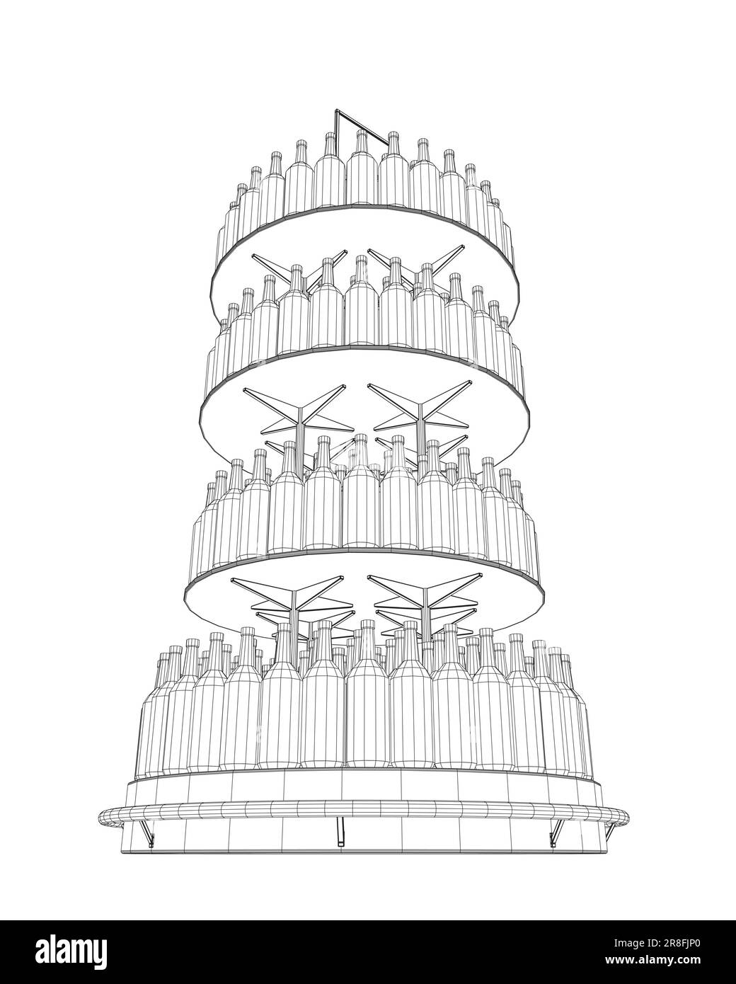 Bottiglie di vino wireframe impilate su scaffali di legno. Illustrazione vettoriale isolata su sfondo bianco. Vettore icona rack flaconi in linea sottile, su sfondo bianco Illustrazione Vettoriale
