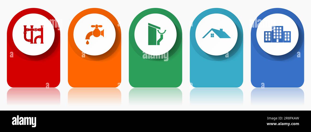 Set di icone per il servizio domestico, design piatto icone colorate varie come pipe, tap, tetto e grondaia, casa e edificio per il webdesign e applic mobile Illustrazione Vettoriale