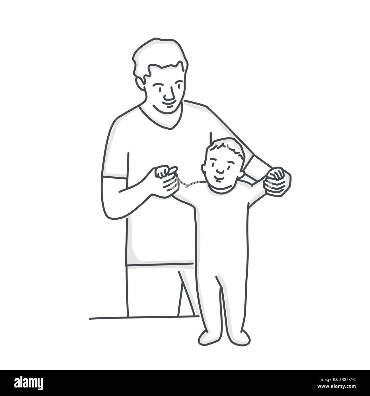 Padre che tiene le mani del bambino, primi passi. Illustrazione vettoriale disegnata a mano. Illustrazione Vettoriale