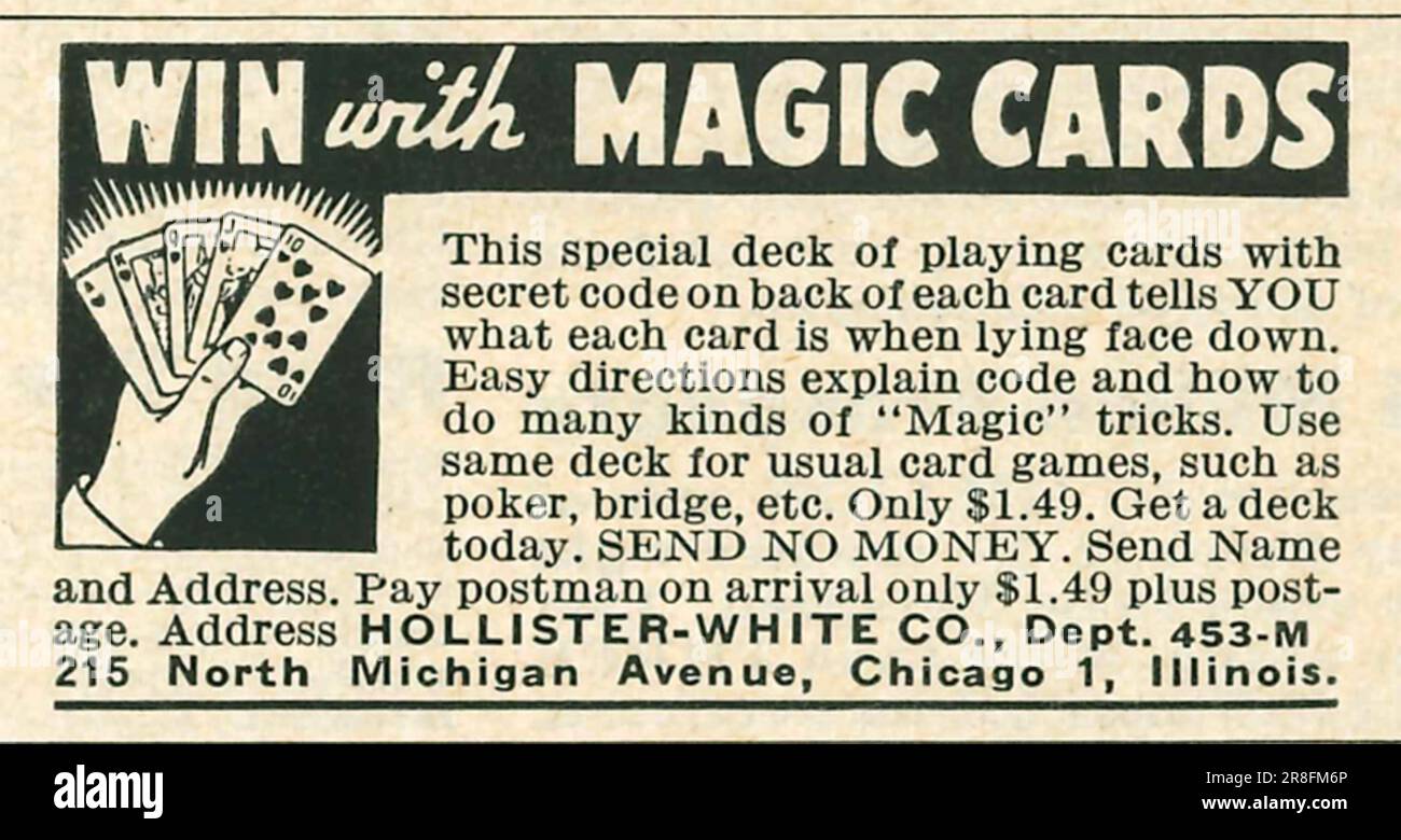 Vinci con le carte magiche - mazzo di carte magiche per $1,49. Advertit in a Popular Science magazine, USA, febbraio 1949 Foto Stock