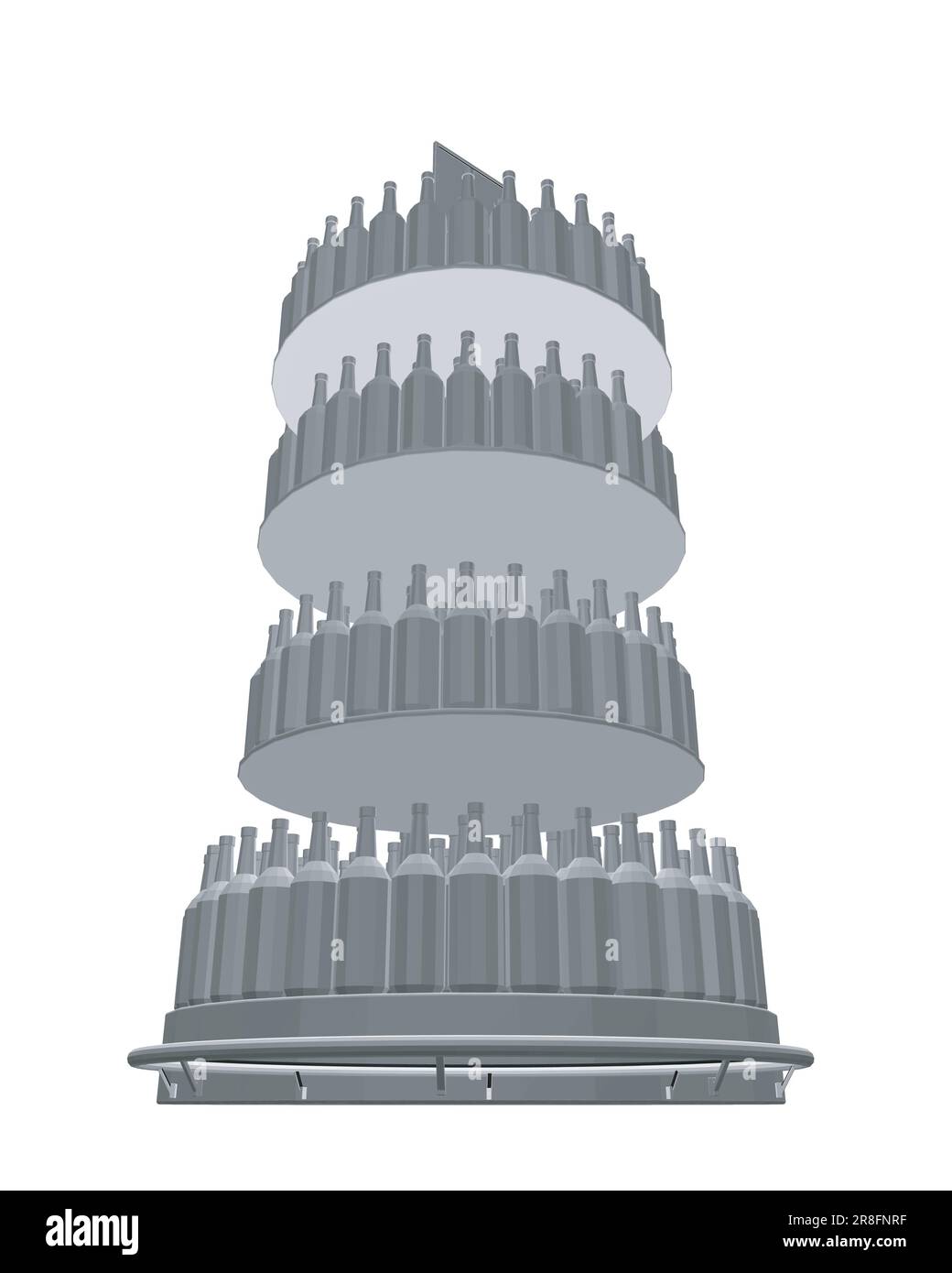 Bottiglie di vino poligonali impilate su scaffali di legno. Illustrazione vettoriale isolata su sfondo bianco. Vettore icona rack flaconi, su sfondo bianco. Birra A. Illustrazione Vettoriale