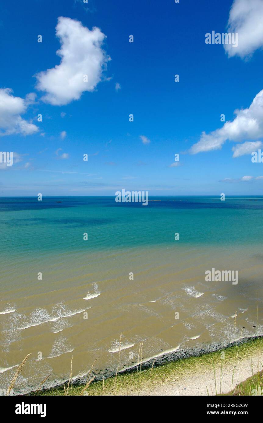 Spiaggia, bassa Normandia, D-Day, operazione sovraccarico, 2nd, Sbarco alleato 1944 giugno, seconda guerra mondiale, Arromanches-Les-Bains, bassa Normandia, Francia Foto Stock