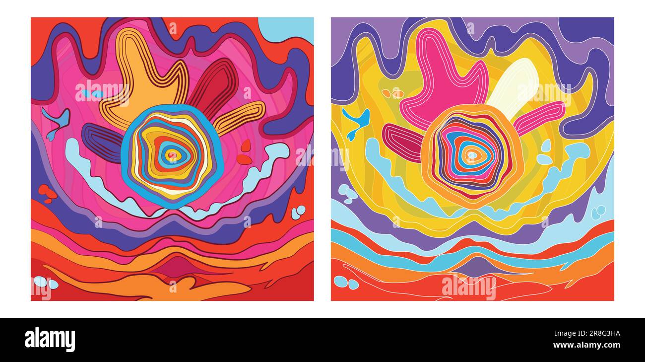 Decorazioni e cornici a vortice con motivi psichedelici. Vettoriale di illustrazione alla moda degli anni '1960 e '1970. Illustrazione Vettoriale