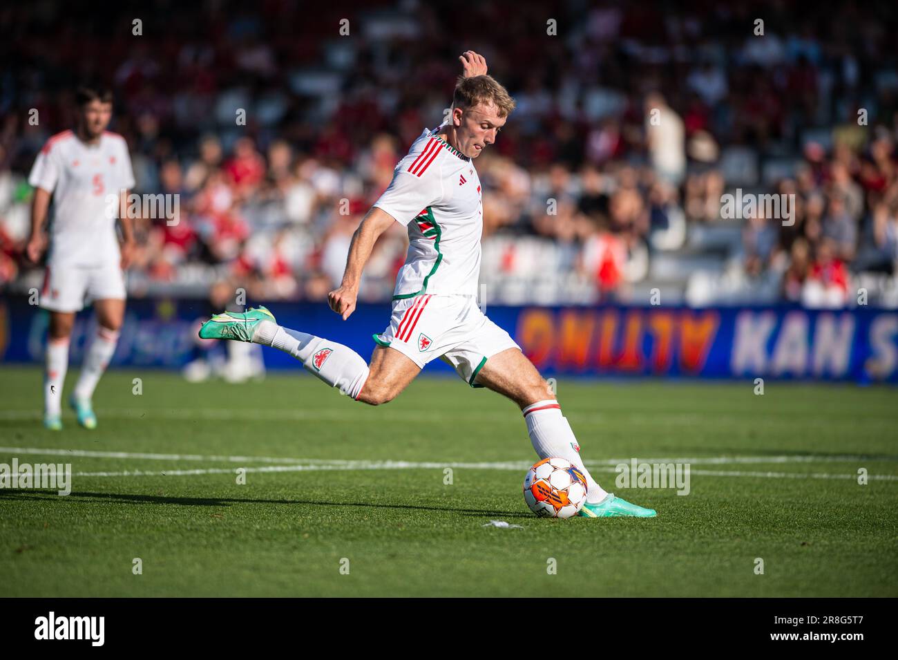 Vejle, Danimarca. 20th giugno, 2023. Eli King (7) del Galles visto durante la partita di qualificazione di U21 Euro tra Danimarca e Galles allo stadio Vejle di Vejle. (Photo Credit: Gonzales Photo/Alamy Live News Foto Stock