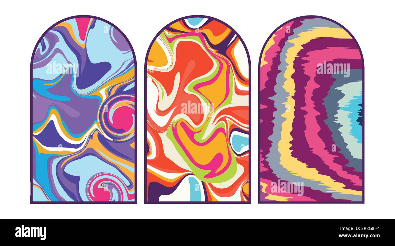 Decorazioni e cornici a vortice con motivi psichedelici. Vettoriale di illustrazione alla moda degli anni '1960 e '1970. Illustrazione Vettoriale