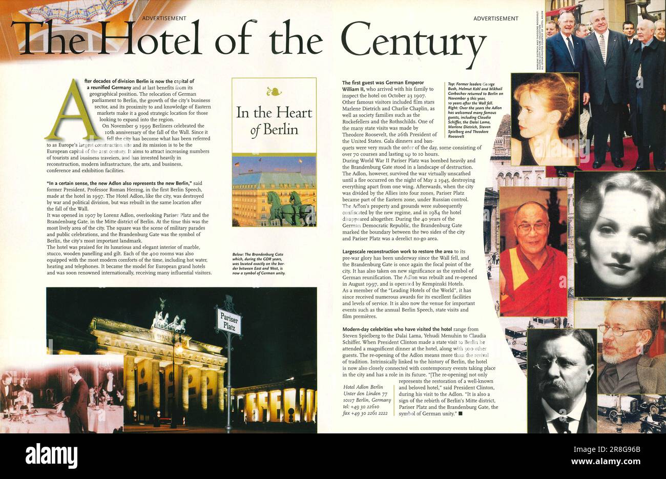 L'hotel del secolo - Hotel Adlon Kempinski Berlino annuncio in una RIVISTA TIME 1999 Foto Stock