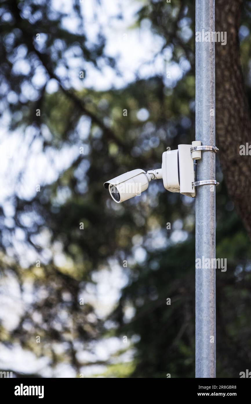 Una telecamera di sorveglianza fissata a un palo metallico Foto Stock