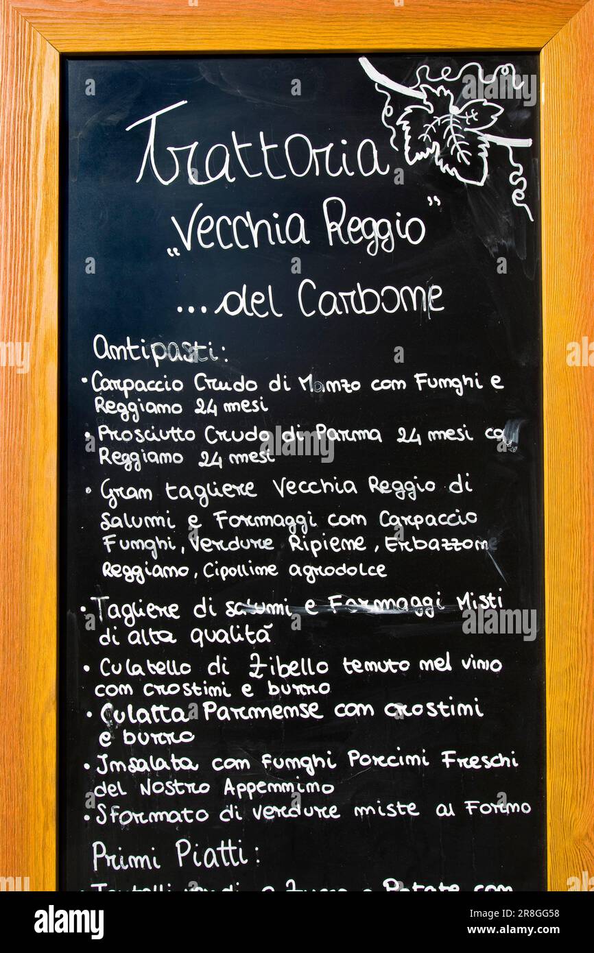 Menu cucina tradizionale, Reggio Emilia, Italia Foto Stock
