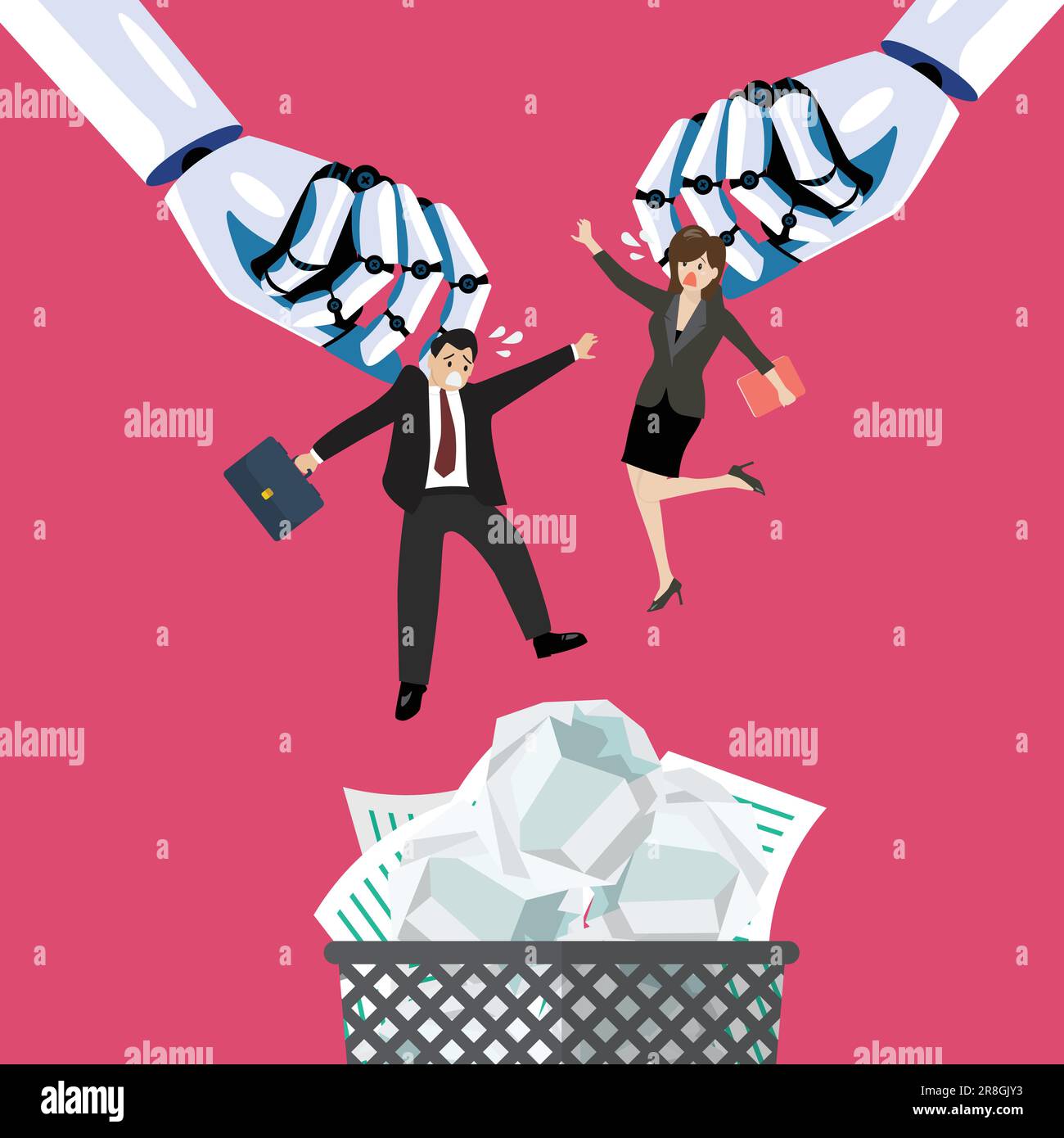 Robot gettando l'uomo e la donna in una spazzatura può. Intelligenza artificiale che sostituisce il concetto di posti di lavoro. Illustrazione vettoriale Illustrazione Vettoriale