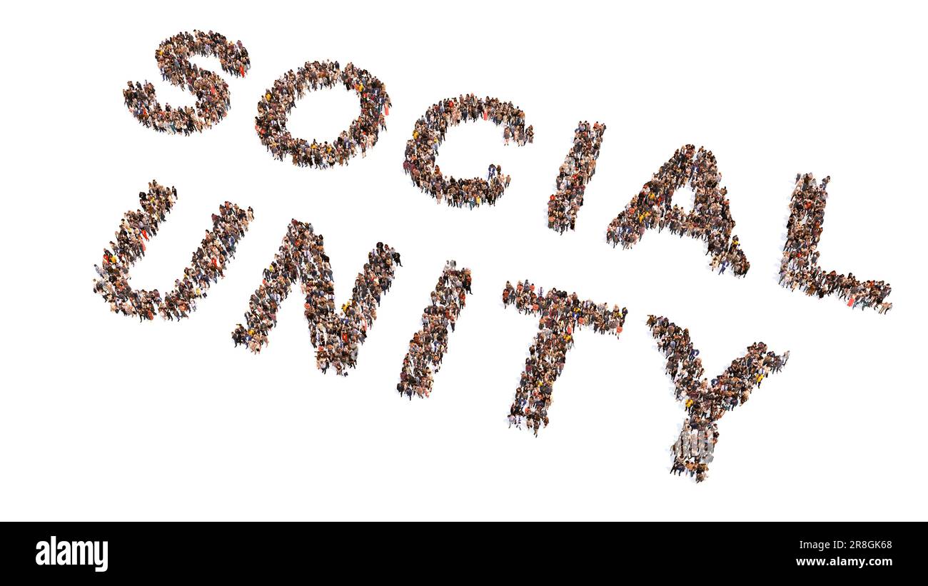 Concetto concettuale grande comunità di persone che formano L'UNITÀ SOCIALE slogan 3D illustrazione metafora per la solidarietà e l'attivismo, l'uguaglianza, i diritti umani Foto Stock