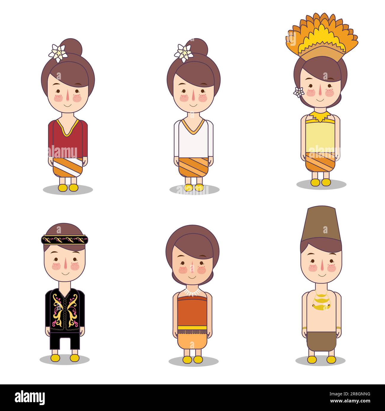 Variegato abito tradizionale tribù nativa forma multietnica coppia di ragazzi e ragazze indonesiani che indossano costume da molte tribù Illustrazione Vettoriale