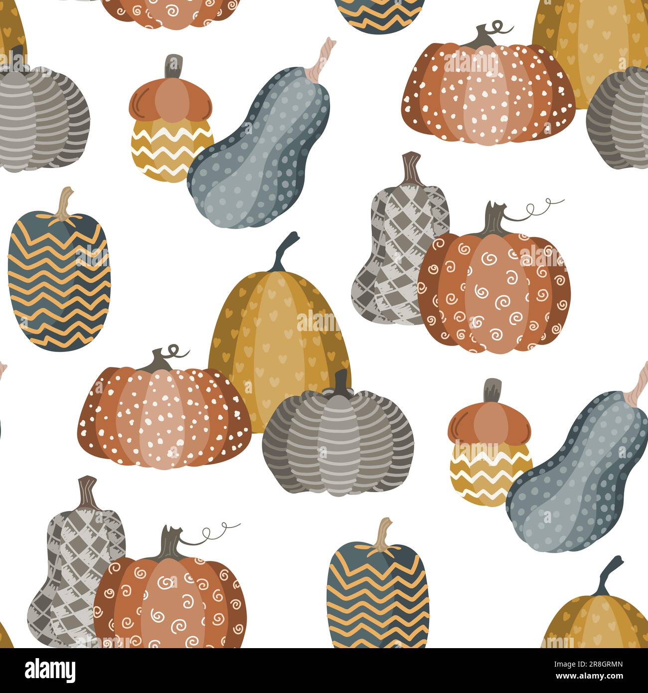 Carino zucche doodle modello senza cuciture. Halloween o sfondo del giorno del Ringraziamento. Illustrazione vettoriale. Illustrazione Vettoriale