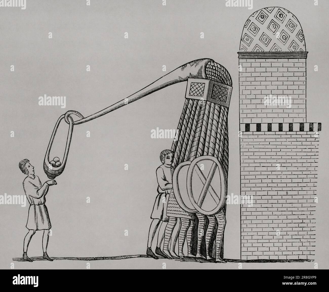 Medioevo. Dispositivo per lanciare pietre. Incisione da una miniatura di 'Chevalier du Cygne', 13th ° secolo. 'Les Arts au Moyen Age et a l'Epoque de la Renaissance', di Paul Lacroix. Parigi, 1877. Foto Stock