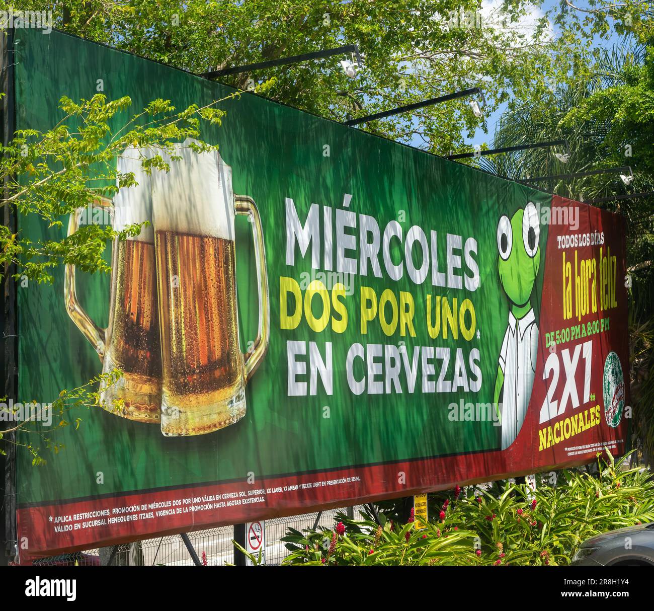 Vista dal finestrino dell'autobus di due per una birra offerta sul  cartellone pubblicitario, Merida, Stato dello Yucatan, Messico Foto stock -  Alamy