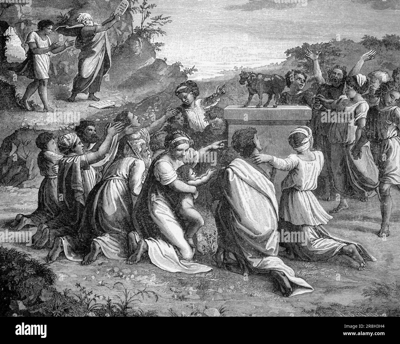 Culto del vitello d'oro, secondo libro Mose, capitolo 32, versetto 1-9, Antico Testamento, Bibbia, illustrazione storica 1890 Foto Stock
