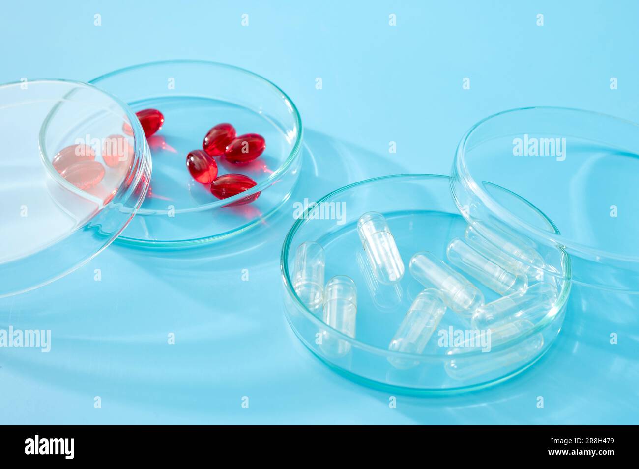 Pillole rosse e capsule placebo vuote in vetro Petri Dish Concept per la ricerca clinica controllata con placebo, ultimi studi di ricerca medica e campione Foto Stock