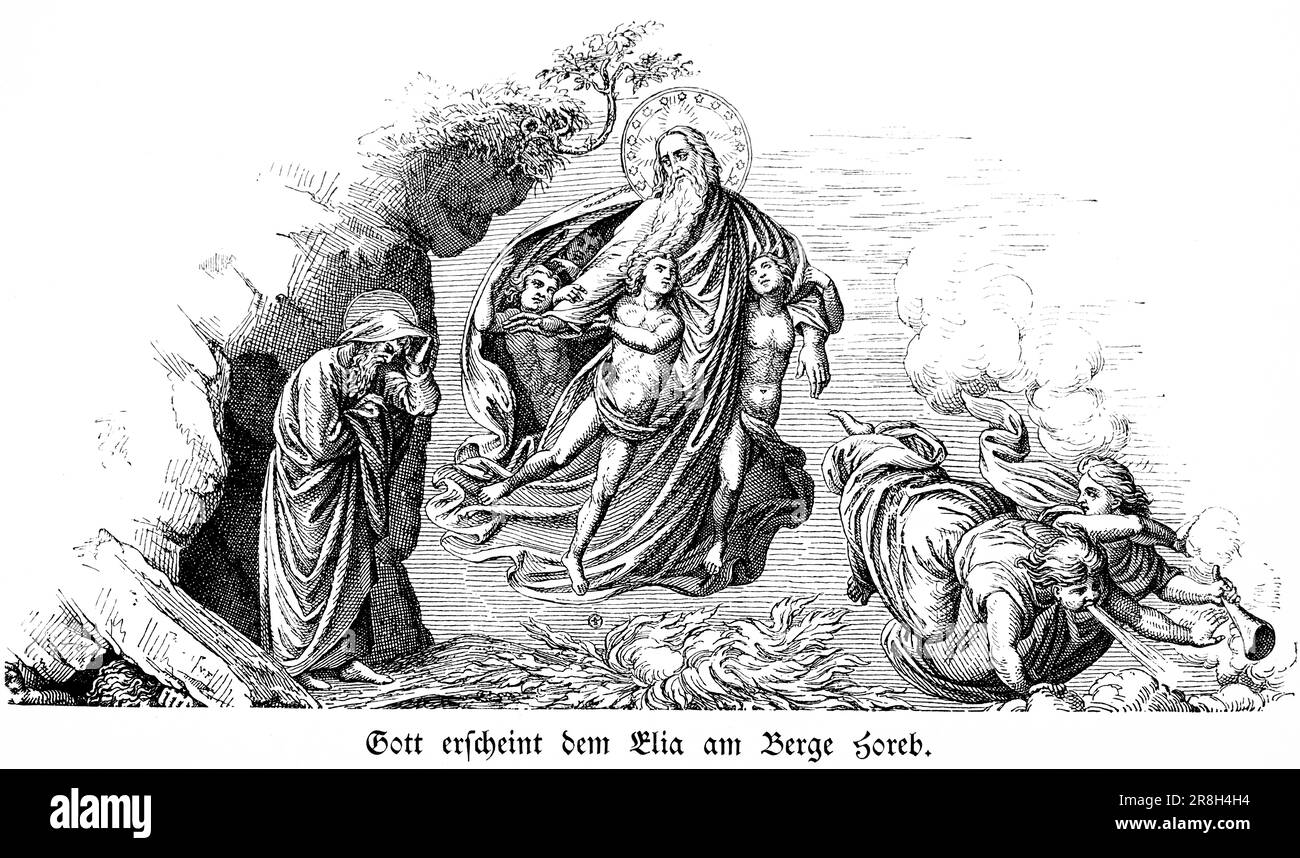 Dio appare a Elia sul Monte Horeb, primo Libro dei Re, capitolo 19, versi 9-18, Antico Testamento, Bibbia, illustrazione storica 1890 Foto Stock